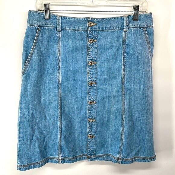 Eddie Bauer denim midi skirt front button 100% cotton EUC 8 jean jeans a-line - Picture 1 of 8
